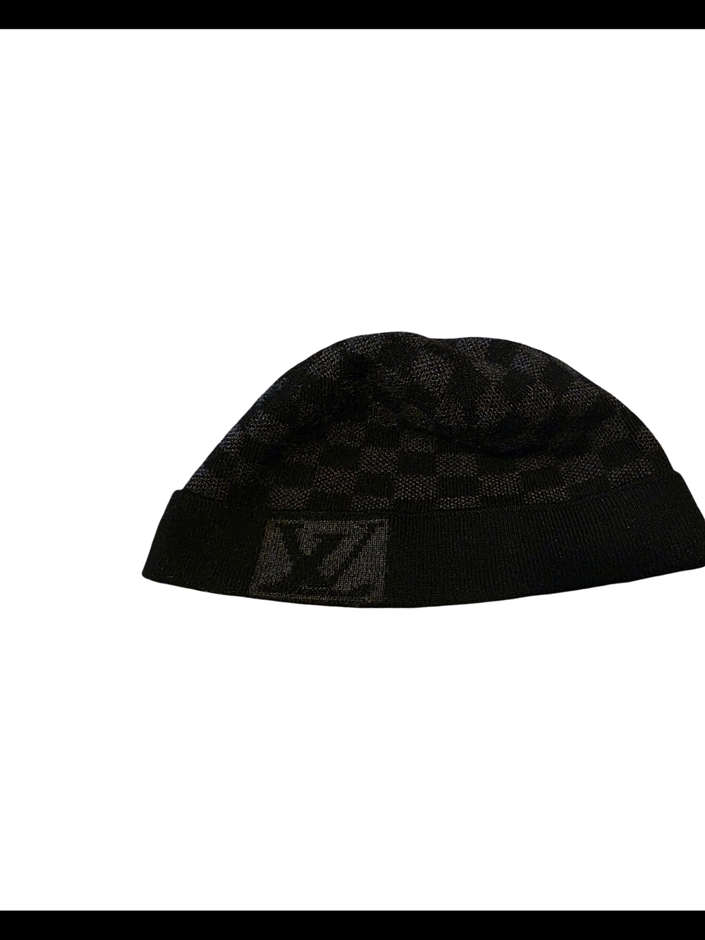 Louis Vuitton Black Tonal Checkered Knit Beanie with LV Logo Cuff - Picture 3 of 3